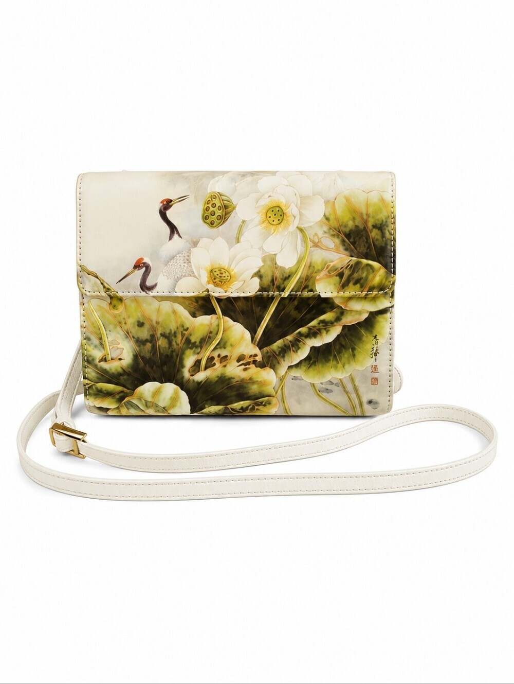 ICON Los Angeles Asian Floral Tropical Crane Crossbody Leather Wallet Bag